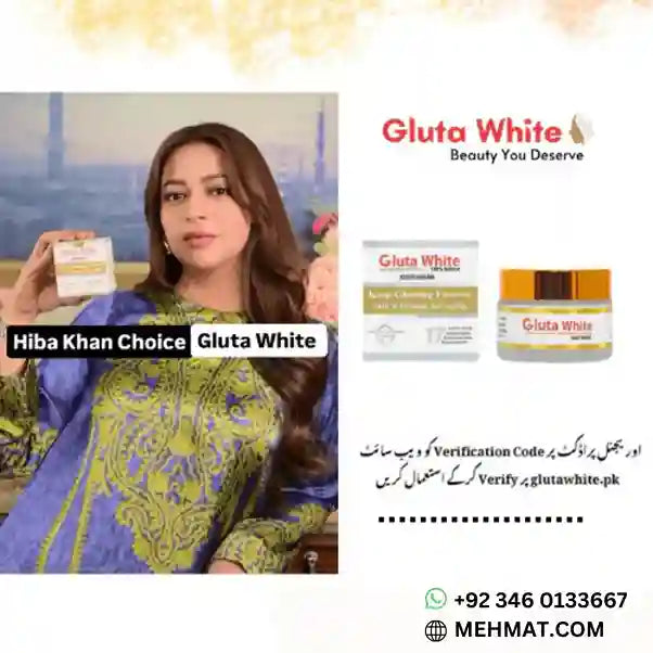 Woman holding Gluta White cream with product packaging and branding on a white background