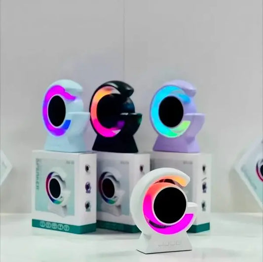 Colorful LED lights on stands with boxes in the background