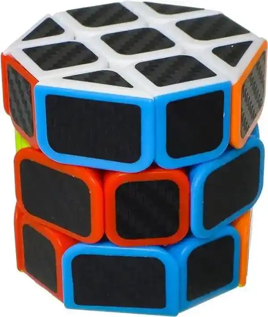 Stacked geometric puzzle cubes with black, orange, and blue colors.