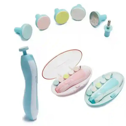Set of cosmetic tools including a handheld device, mirror, and various attachments on a white background.