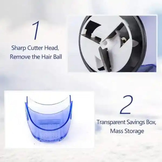 Hair removal tool with sharp cutter head and transparent savings box on a light gray background