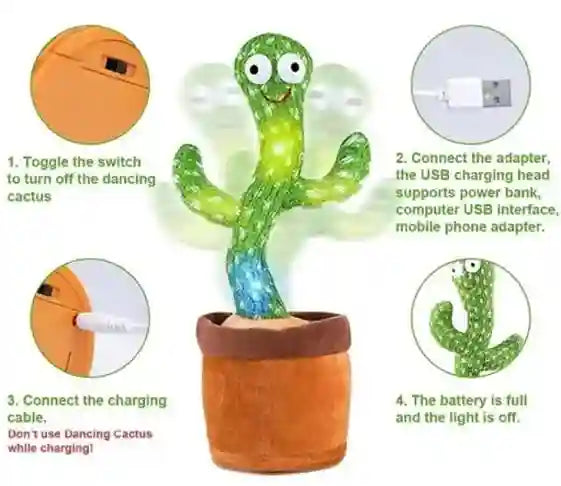 Dancing cactus toy with charging instructions on a white background