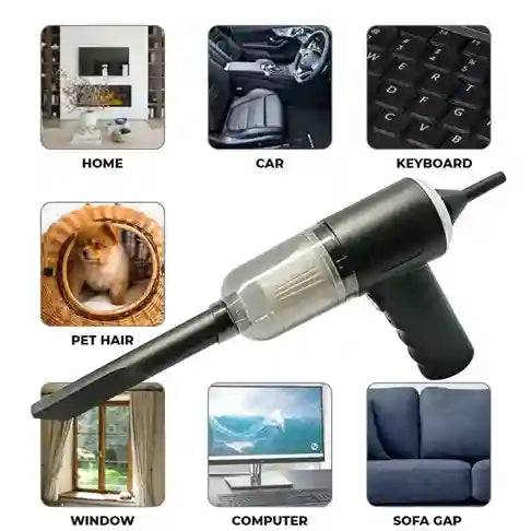 Multifunctional cleaning tool with various application scenarios including home, car, keyboard, pet hair, window, computer, and sofa gap.