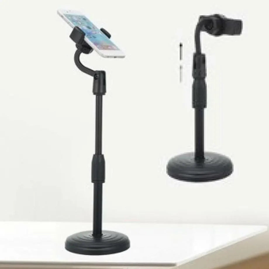 Two black adjustable stands with phone holders on a white background