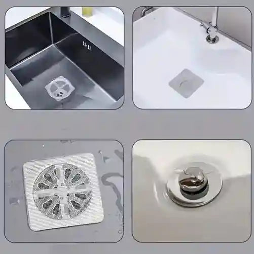 Collage of sink drain covers in different types and materials.
