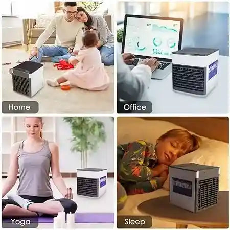 Collage of a portable air conditioner in various settings including home, office, yoga, and sleep.