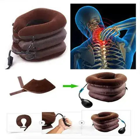 Collage of a brown inflatable neck pillow with images showing its use for neck pain relief.