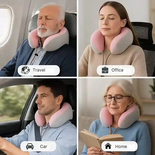 Four people using a neck pillow in different settings: travel, office, car, and home.
