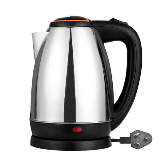 Stainless steel electric kettle with black handle on a white background
