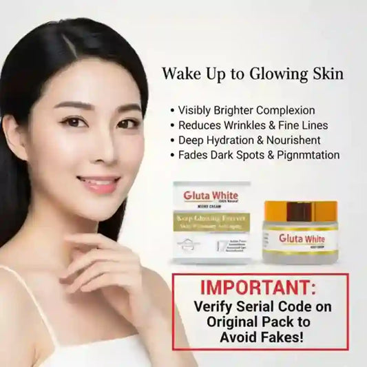A promotional beauty ad showing a woman on the left and two skincare products on the right labeled Gluta White, with marketing text about glowing skin and a warning to verify the serial code on the original pack.