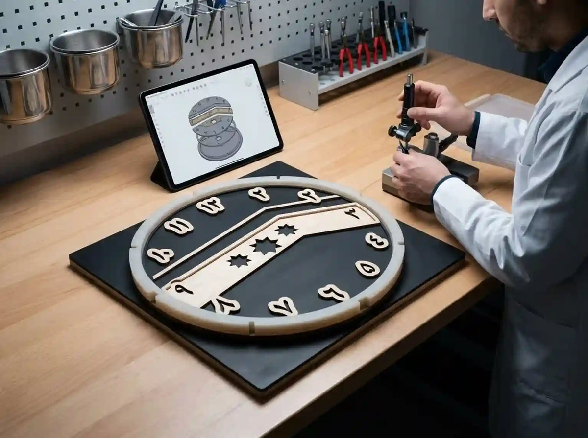 A person in a white lab coat works at a wooden bench using a precision tool, with a round wooden clock face design displayed on a black board and shown on a tablet screen.