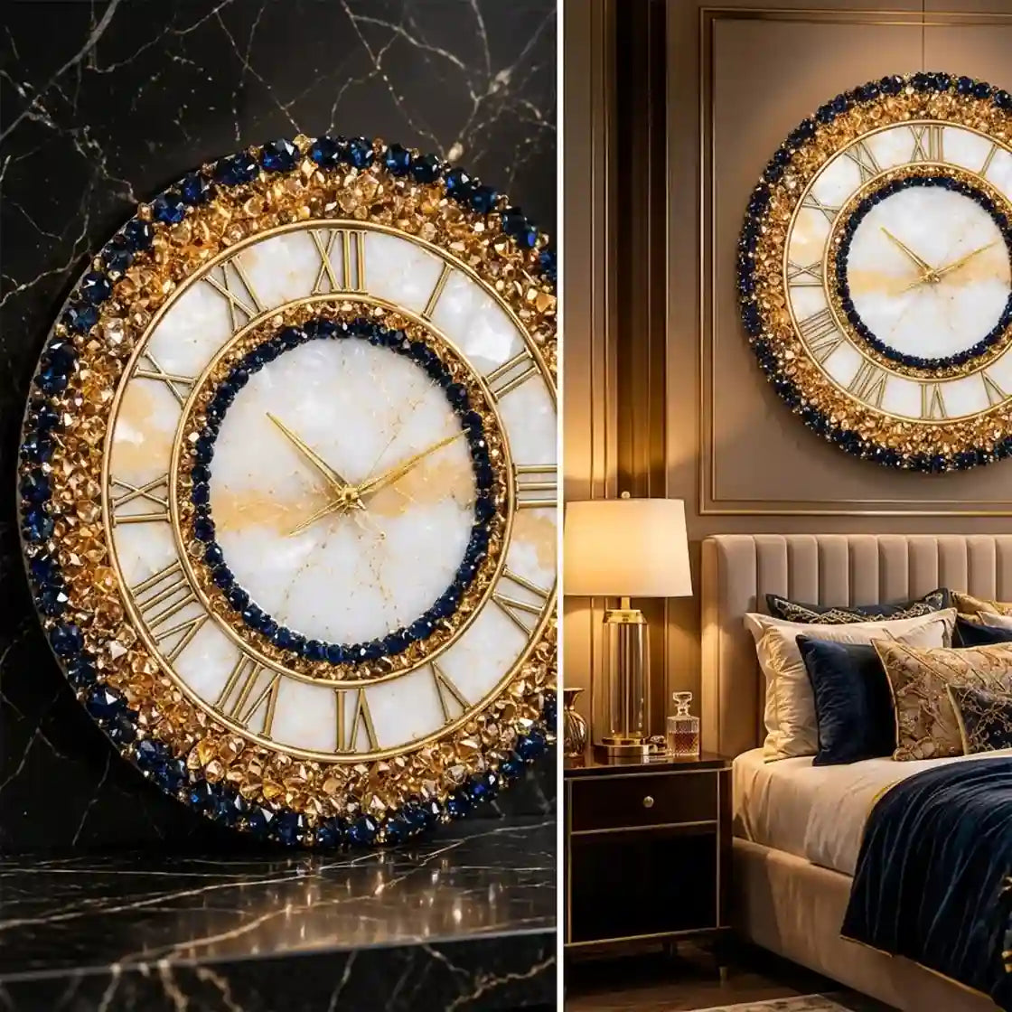 A split-view presentation of an ornate round wall clock. The left side shows a close-up of the clock against a black marble background, highlighting its gold frame, white marble face, Roman numerals, and dark blue gemstone accents.