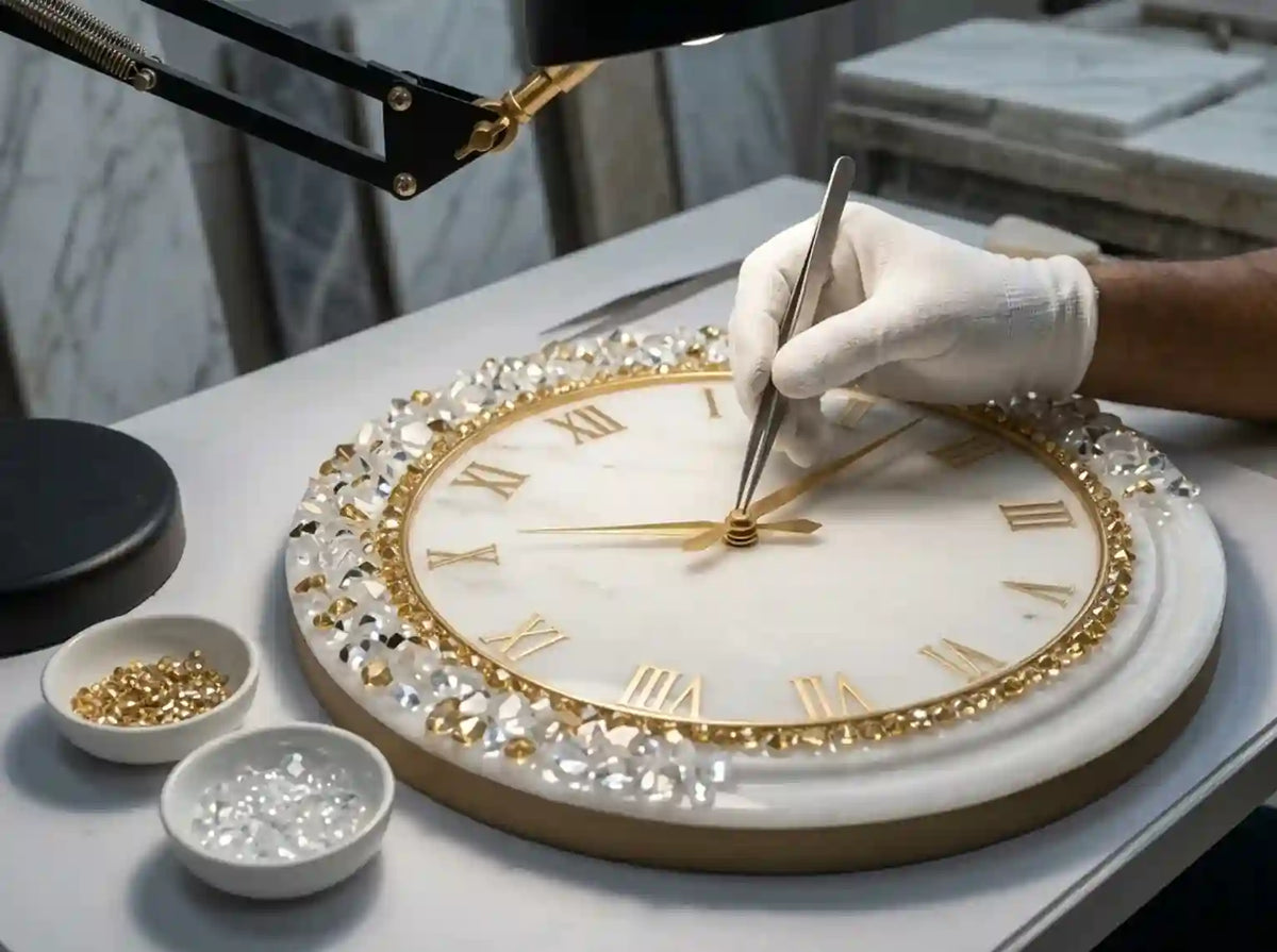 A close-up of a luxury round clock with a white marble face, gold Roman numerals, and a gold beaded crystal border, being assembled by a jeweler's hand wearing a white glove under a magnifying lamp.