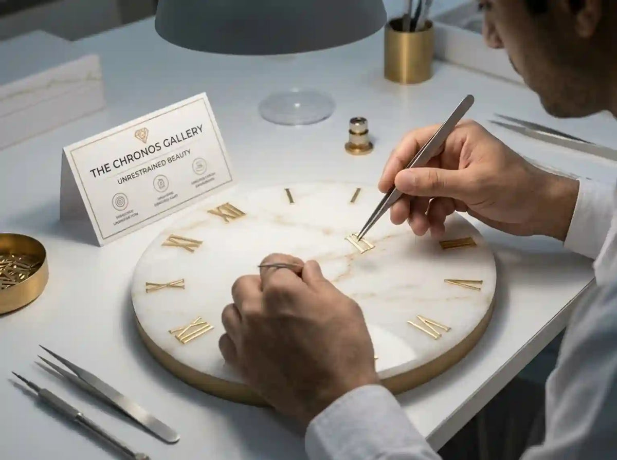 A close-up of a watchmaker's hands assembling gold-tone watch parts on a round white marble clock face, with a sign reading 'THE CHRONOS GALLERY' on the desk.