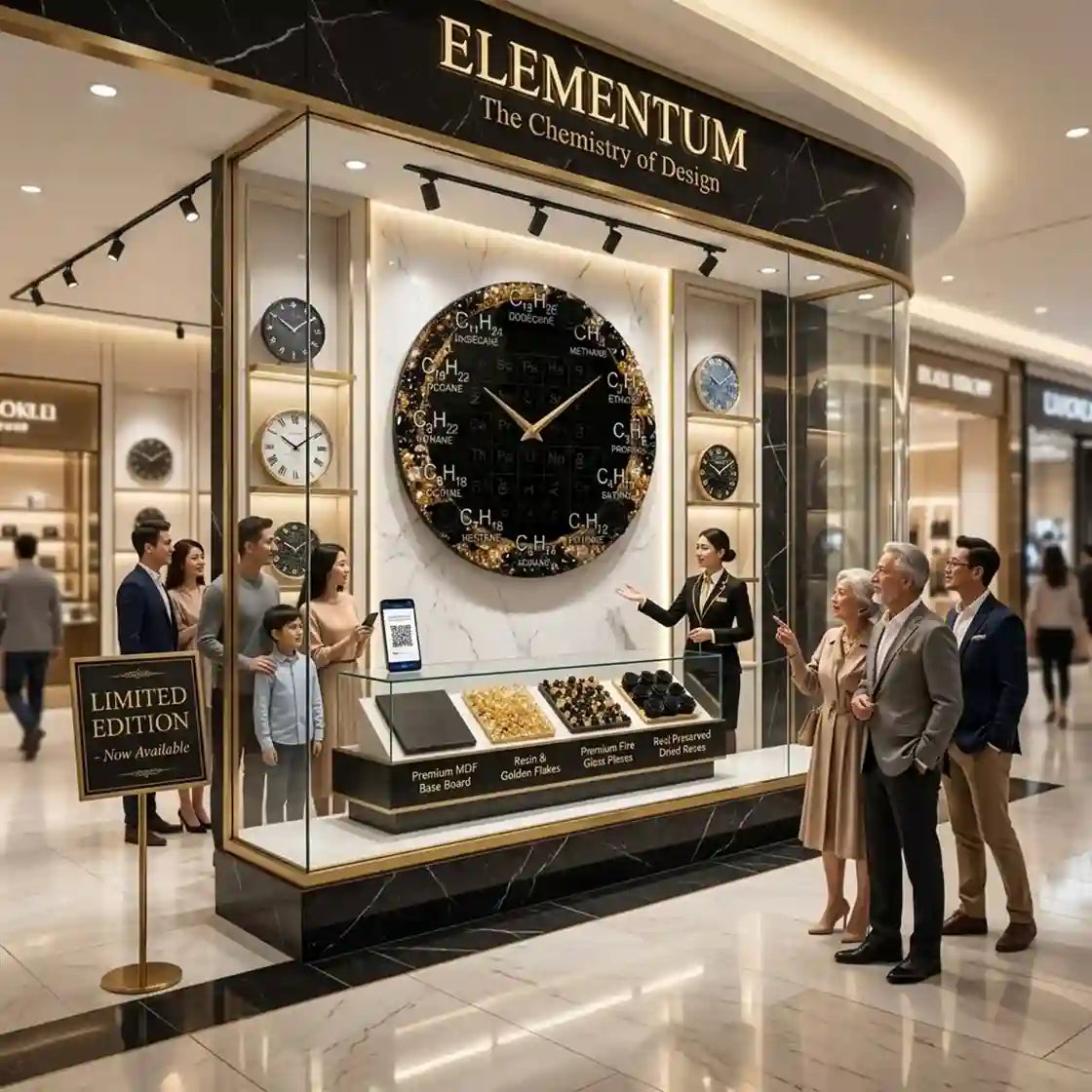 A luxury watch display case in a modern shopping mall, featuring a large black marble and gold clock with chemical formulas on the face, surrounded by customers and a knowledgeable guide.