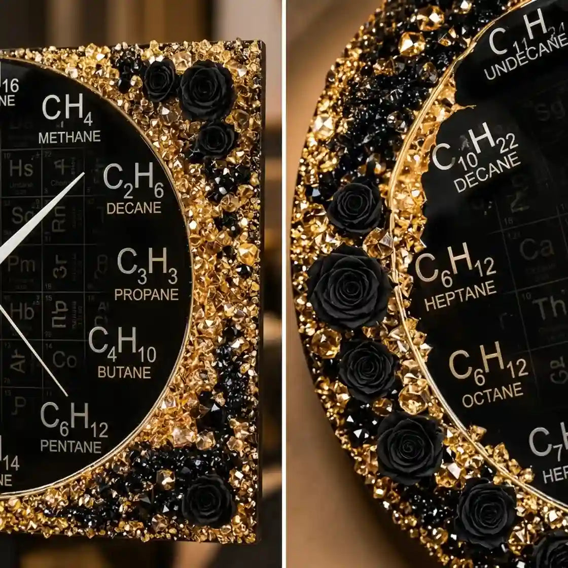 A decorative square wall clock shown in a close-up split view. The clock face is black with white periodic-table-style text labeling different alkanes, surrounded by a border of black and gold glitter and black fabric roses.