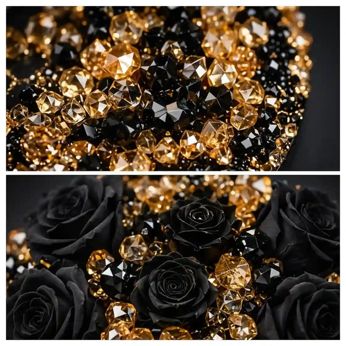A close-up collage of luxurious black and gold embellishments, featuring faceted black and amber crystal beads and black roses on a dark background.