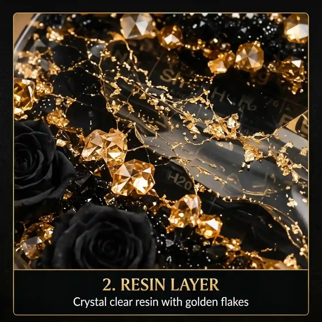 Close-up of a decorative resin layer being poured over black rose petals and gold flakes, with text reading '2. RESIN LAYER' and 'Crystal clear resin with golden flakes.