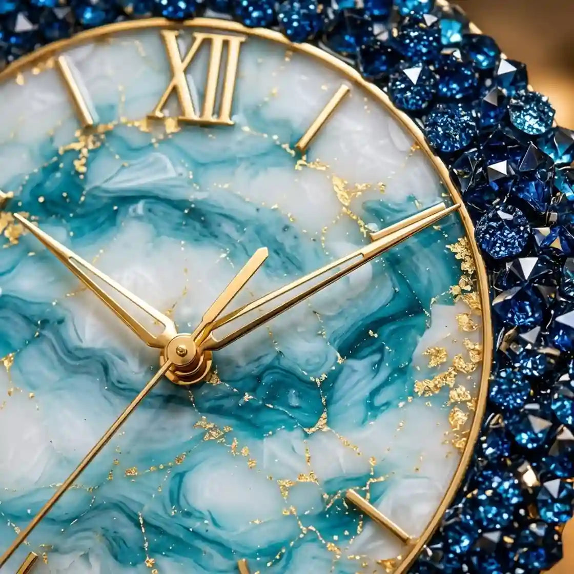 Close-up of a round wall clock with a marbled aqua and white dial, gold Roman numerals and hands, and a sparkling deep blue crystal bezel.
