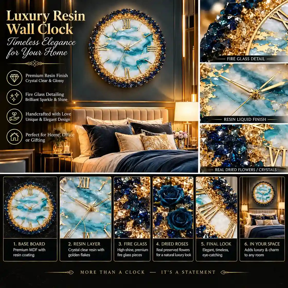 Luxury resin wall clock shown in a styled bedroom setting, with close-up detail shots of the clock face, fire glass, and floral embellishments, plus step-by-step feature callouts.