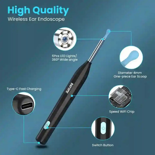 A black wireless ear endoscope with a blue-tipped ear scoop, shown on a blue gradient background with callout circles highlighting features such as LED lights, diameter, Type-C charging, WiFi chip, and switch button.