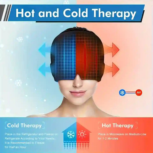 An infographic titled 'Hot and Cold Therapy' showing a woman's face with a blue-and-red thermal grid over the eyes, illustrating cold and hot therapy effects. Text at the bottom explains how to use a cold therapy pack in a refrigerator/freezer and a hot therapy pack in a microwave.