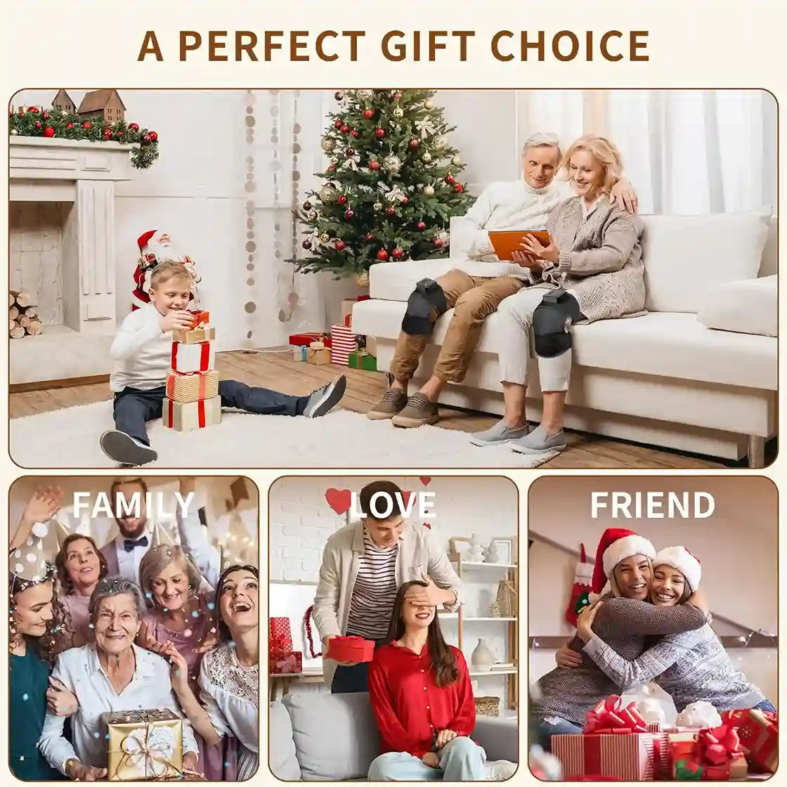 Family and friends gathered in a living room with Christmas decorations, emphasizing family, love, and friendship.