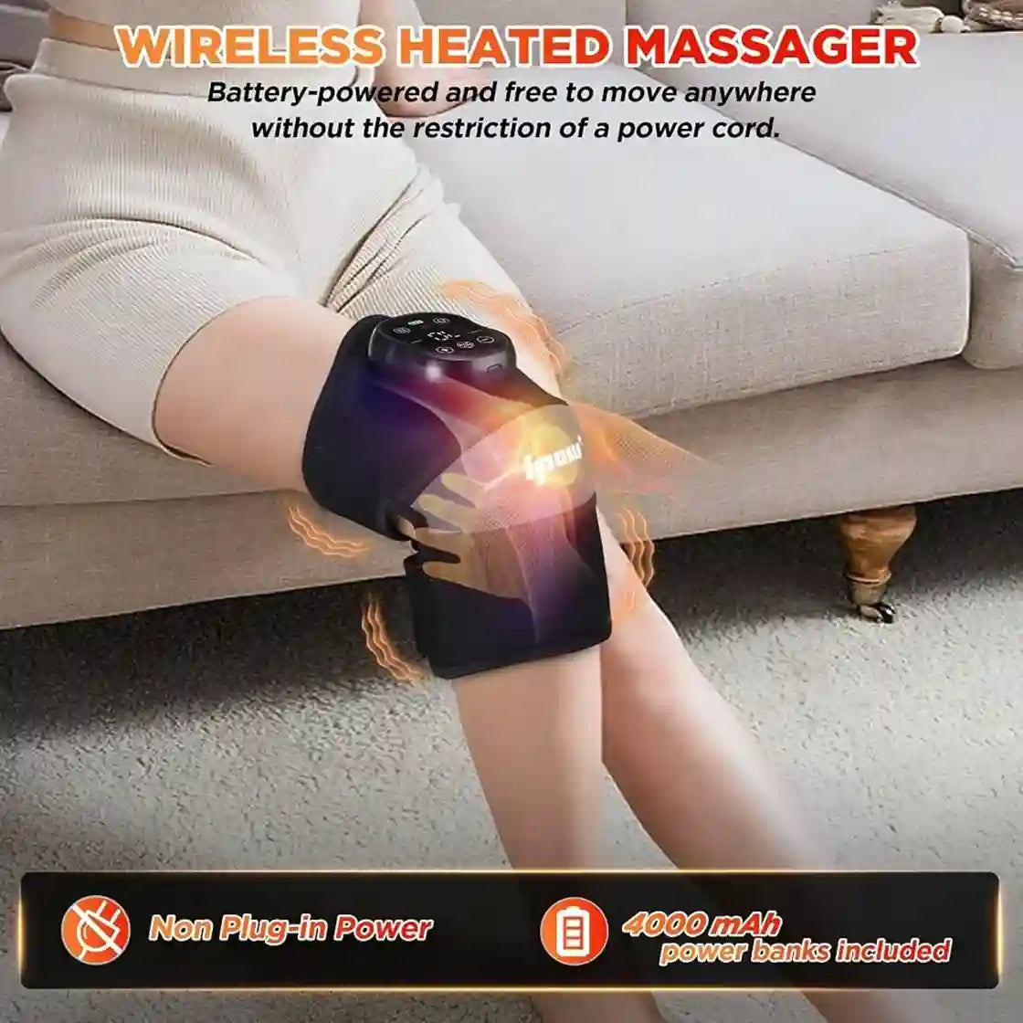 A person seated on a sofa wearing a black wireless heated knee massager on their leg, with promotional text at the top and a feature banner at the bottom.