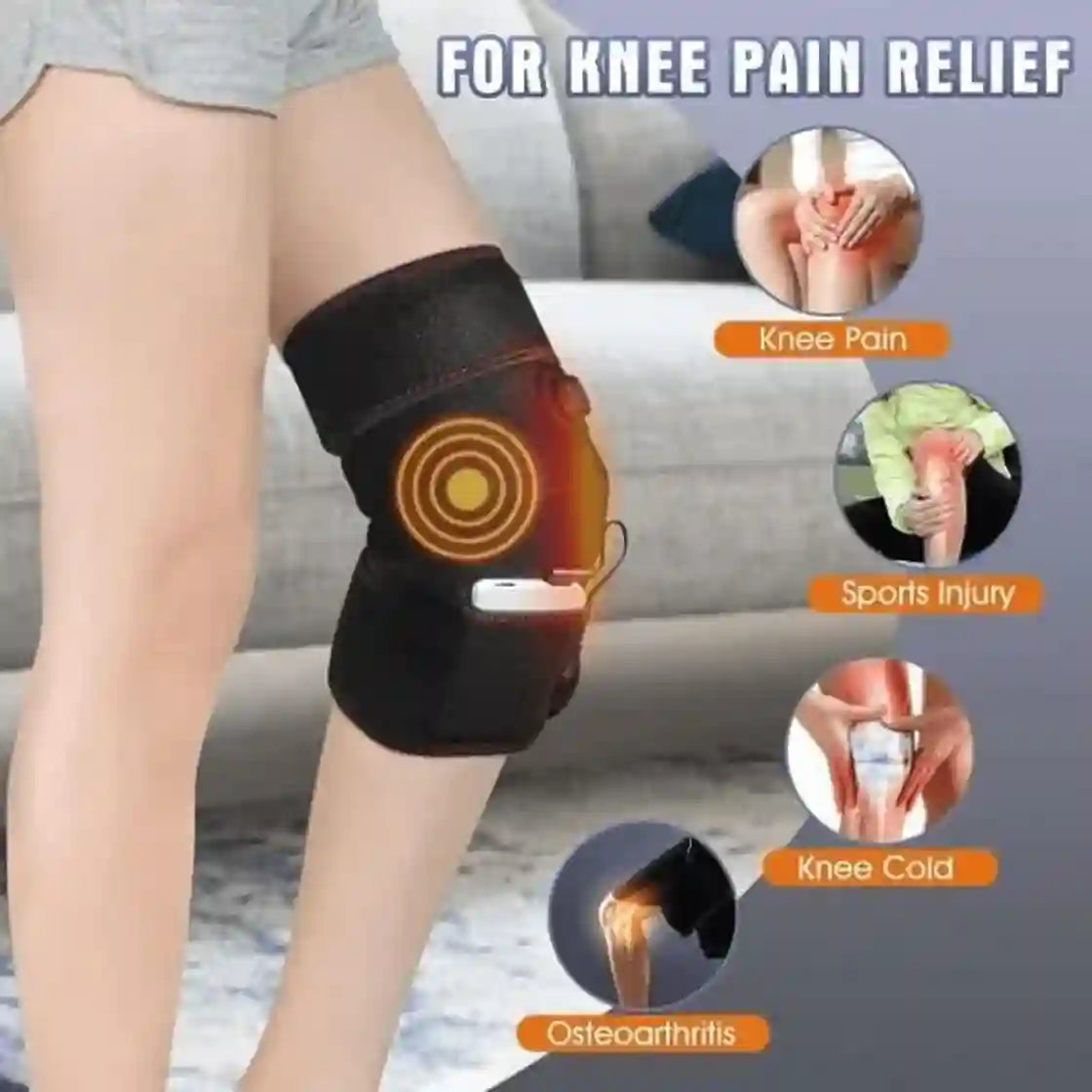 A person wearing a black knee support brace with a glowing heat graphic over the knee, shown in a home setting. The image includes text reading 'FOR KNEE PAIN RELIEF' and four circular inset images labeled 'Knee Pain,' 'Sports Injury,' 'Knee Cold,' and 'Osteoarthritis.