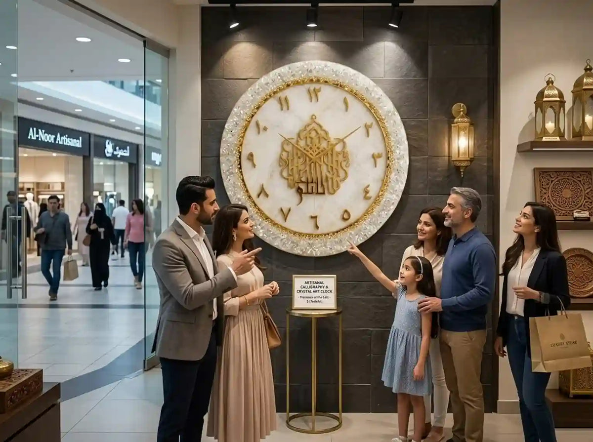 A family of five stands in a luxury shopping mall gallery, looking at and discussing a large circular white and gold Islamic wall clock mounted on a dark gray stone wall.