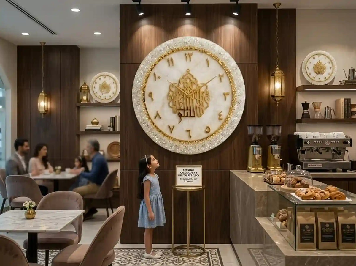 A large round decorative wall clock with gold Roman numerals and ornate gold detailing on a white stone face, mounted on a dark wood wall in a modern cafe interior. A young girl in a blue dress stands below it, and coffee equipment, pastries, and seated customers are visible in the cafe setting.