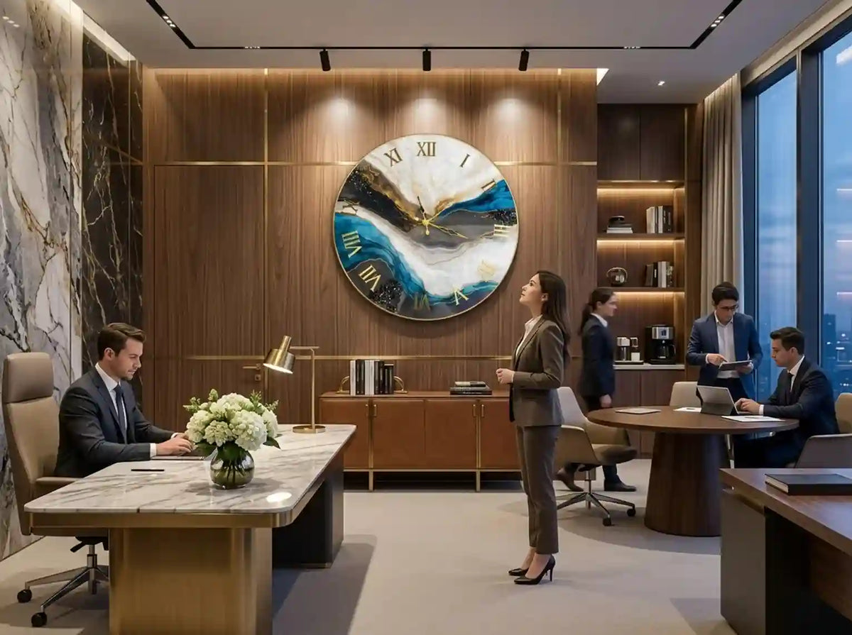 A large round wall clock with a blue and white abstract landscape design and gold Roman numerals is mounted on a wood-paneled wall in a modern office setting. Several people are present in the office, working at desks and standing near the clock.