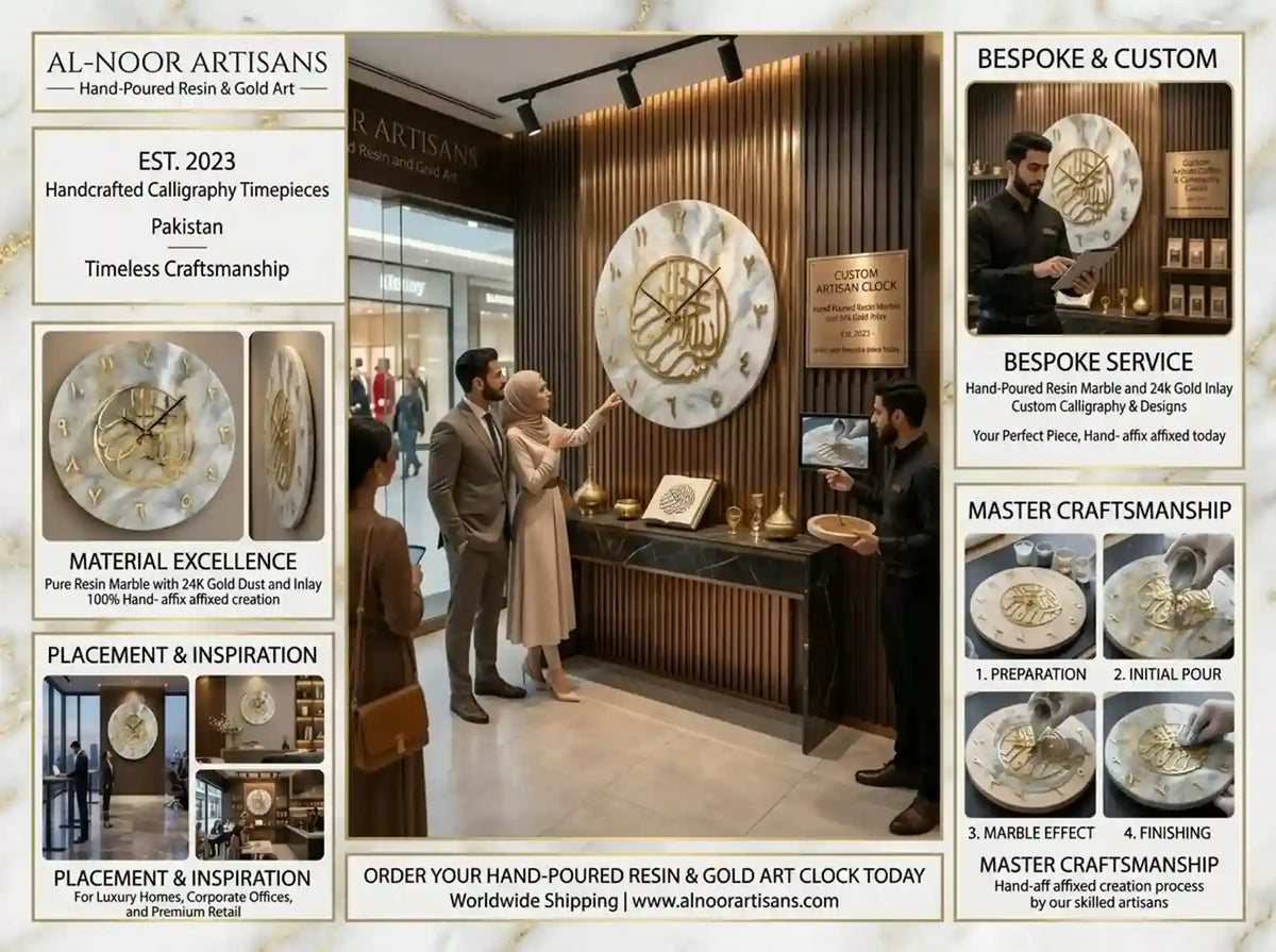 A promotional collage for Al-Noor Artisans hand-poured resin and gold art clocks, featuring a large circular clock on a wooden wall, customers viewing the clock display, close-up material and craftsmanship details, and text sections about bespoke services, material excellence, placement/inspiration, and master craftsmanship.