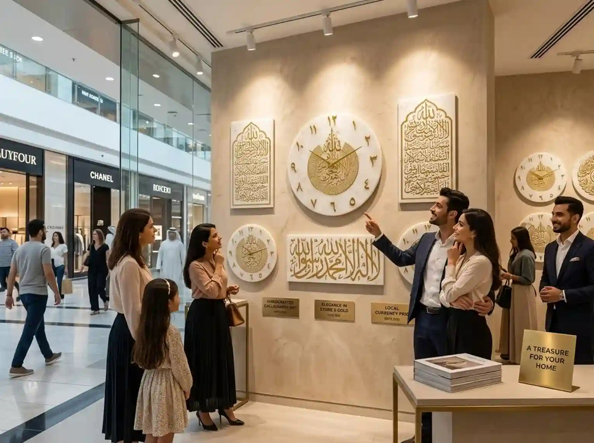 A group of people in a modern shopping mall interior examining decorative Islamic wall art featuring gold Arabic calligraphy and geometric designs mounted on a beige wall.