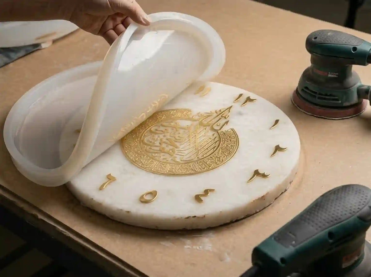 A hand peels back a translucent white plastic cover from a round white stone slab featuring an embossed gold crest and gold Arabic numerals, with a green orbital sander on a workbench.