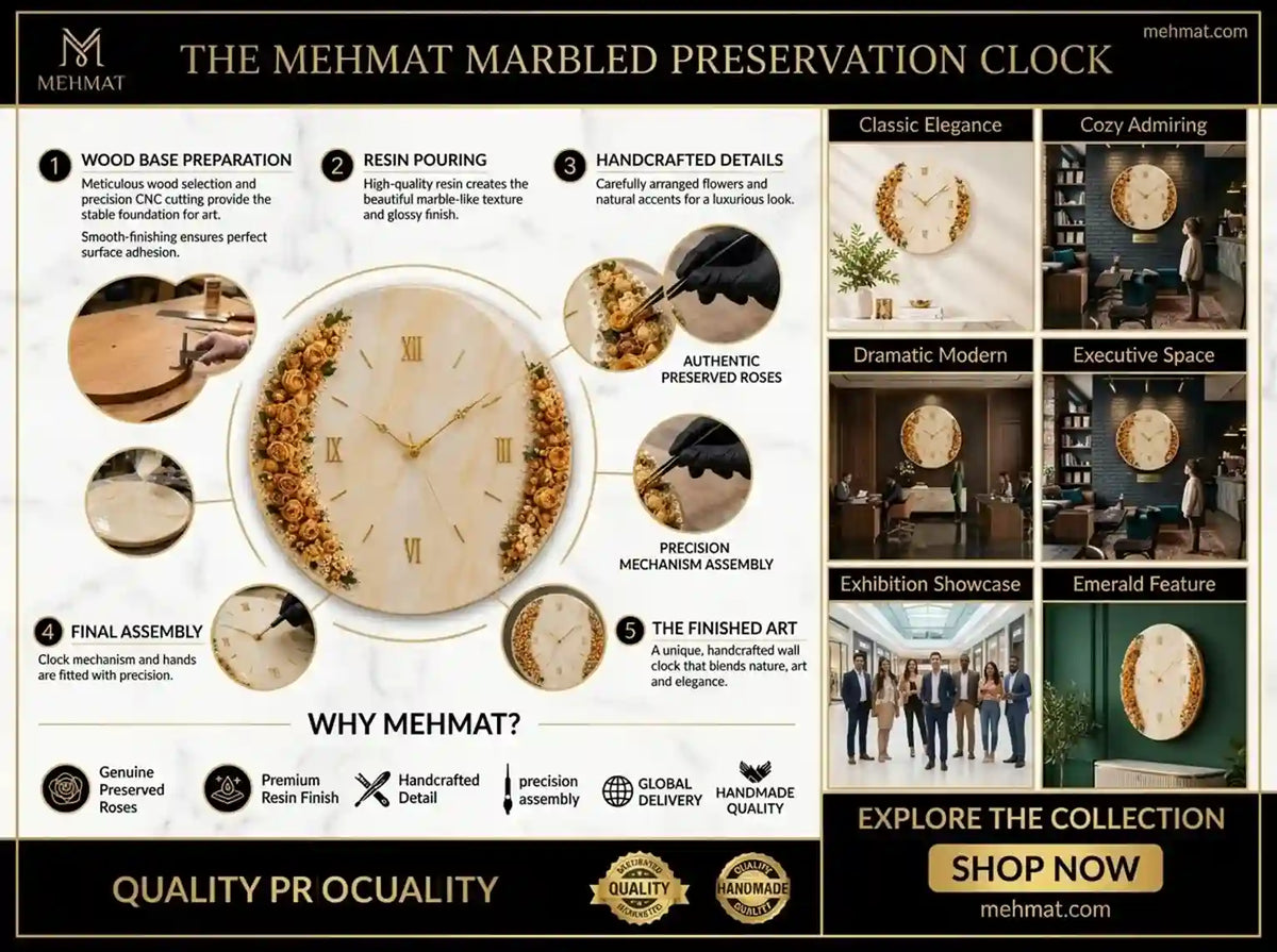 A promotional infographic for the Mehmat Marbled Preservation Clock, featuring a large central clock face with labeled steps for wood base preparation, resin pouring, handcrafted details, and final assembly. The left side includes product close-ups and feature callouts, while the right side shows six interior design application images.