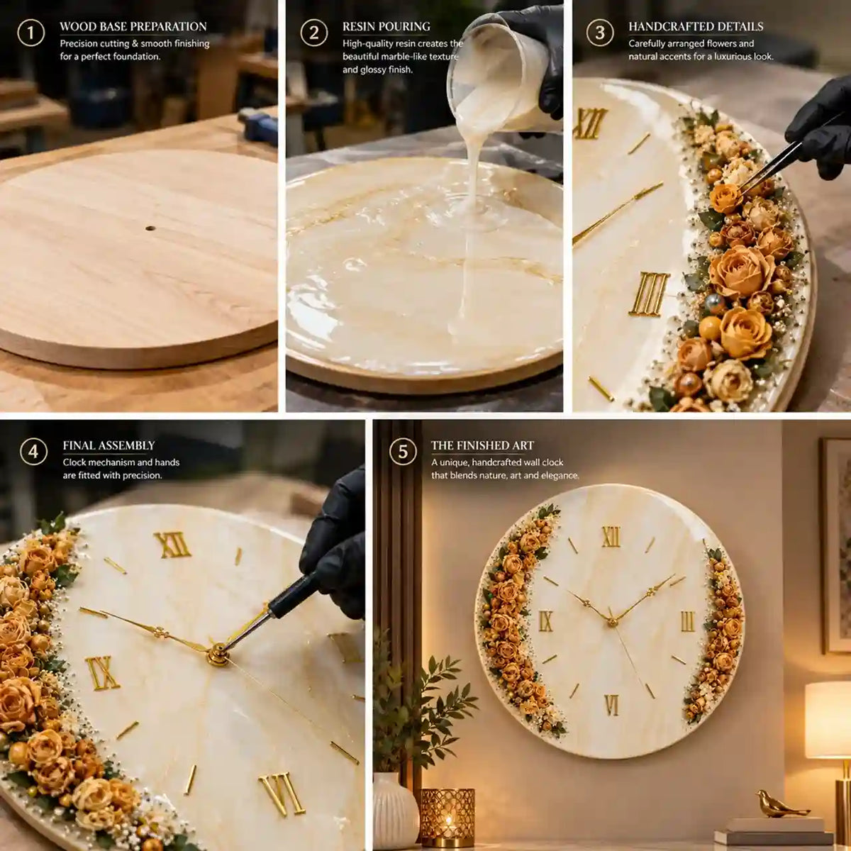 A five-panel collage showing the step-by-step creation of a large round wall clock. The panels include wood base preparation, resin pouring, handcrafted floral details, final assembly, and the finished art displayed in a warm interior setting.