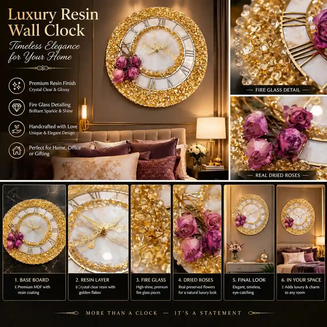 Luxury Resin Wall Clock 2026 | Gold Fire Glass & Preserved Roses