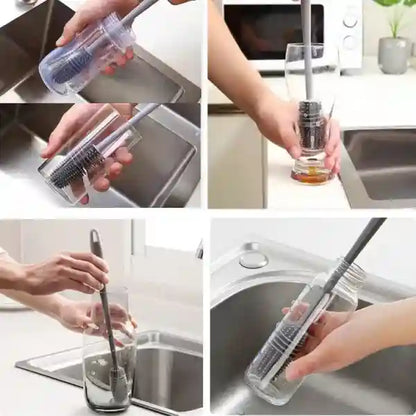 Collage of a person using a kitchen cleaning brush with a flexible handle in various kitchen scenarios.
