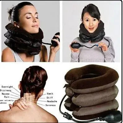 Inflatable neck pillow with images of people using it and text on benefits.