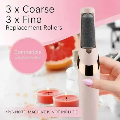 Electric foot scrubber with replacement rollers on a blurred background
