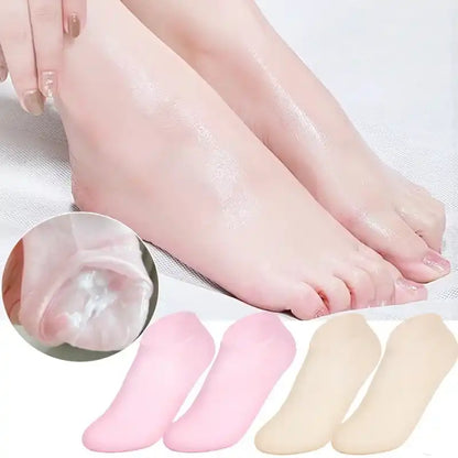 Silicone foot protectors with a close-up inset and additional pairs displayed below.