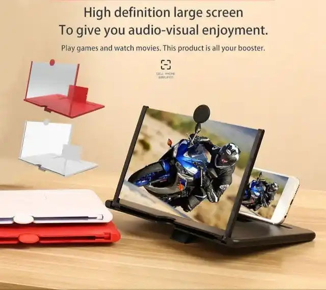 Phone screen magnifier with smartphone displaying motorcycle images on a wooden surface.
