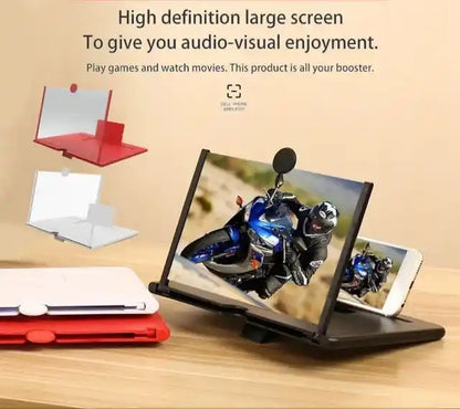 Phone screen magnifier with smartphone displaying motorcycle images on a wooden surface.
