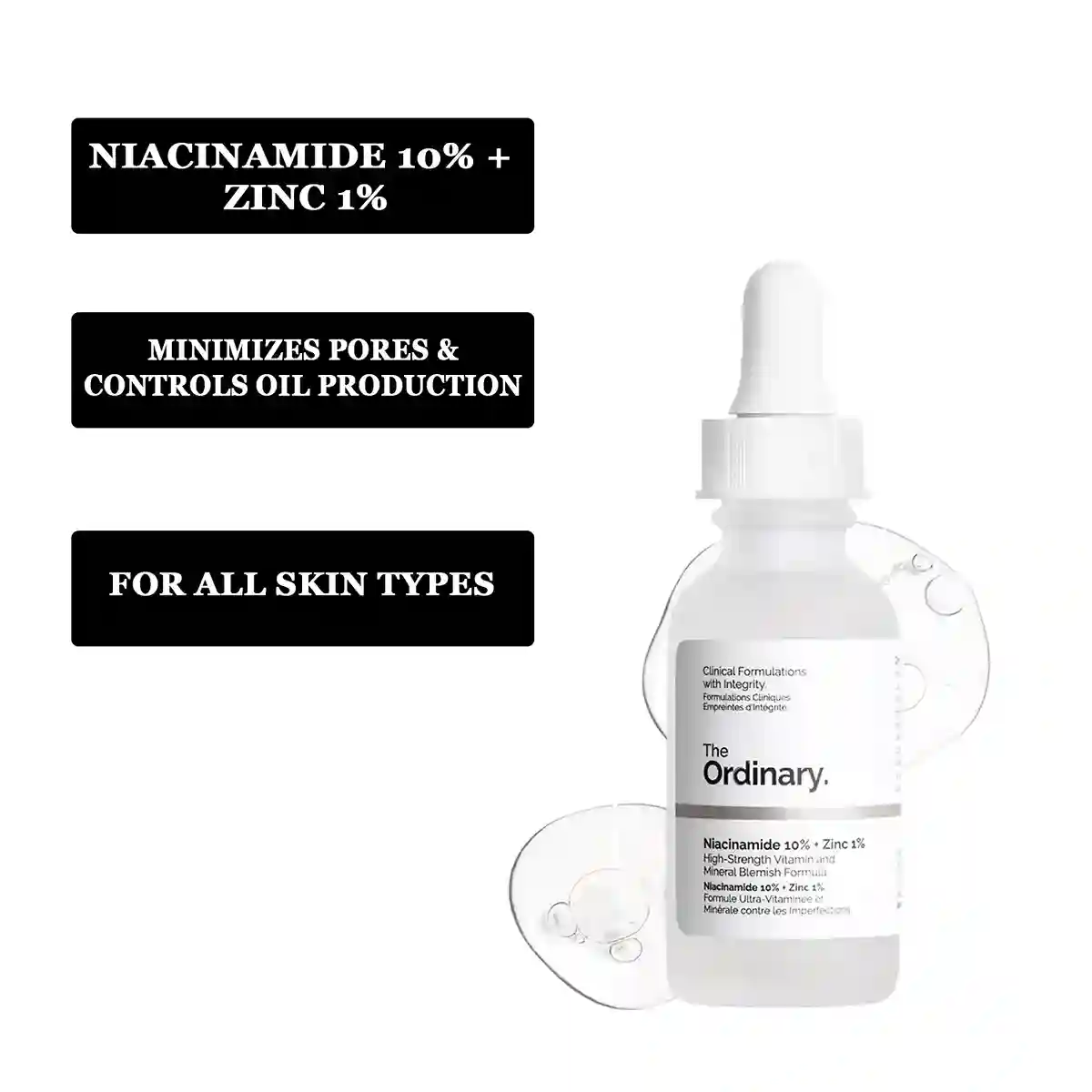 Skincare serum bottle with text about niacinamide and zinc on a white background