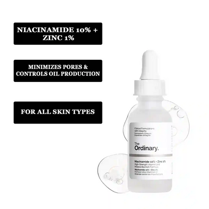 Skincare serum bottle with text about niacinamide and zinc on a white background