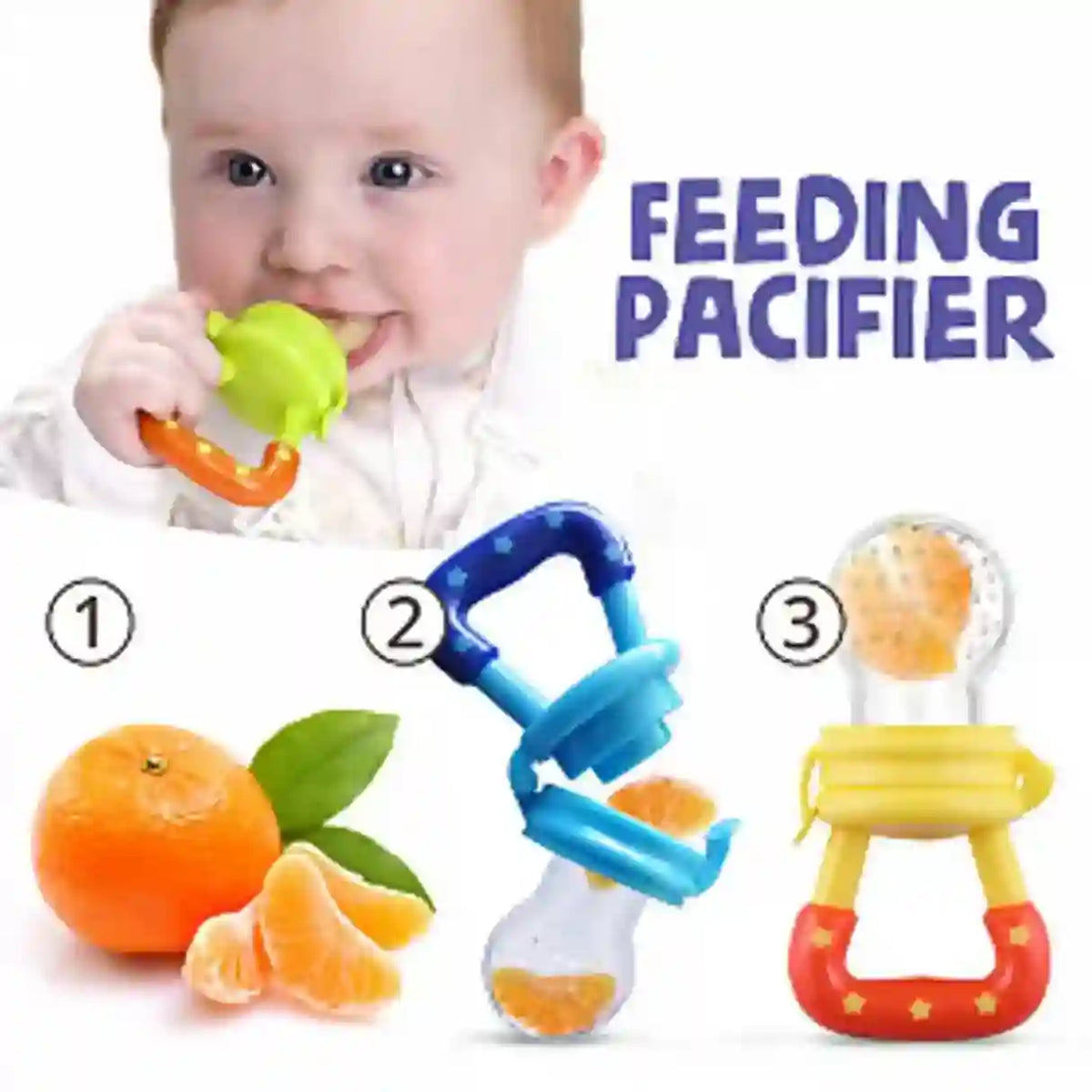 Baby holding a feeding pacifier with images of fruits and the product itself on a white background.
