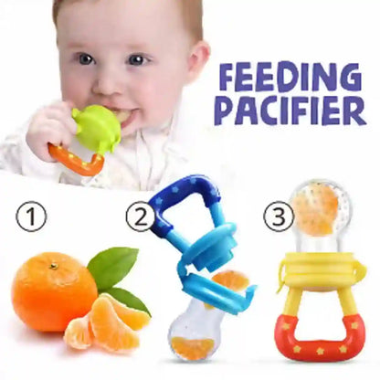 Baby holding a feeding pacifier with images of fruits and the product itself on a white background.
