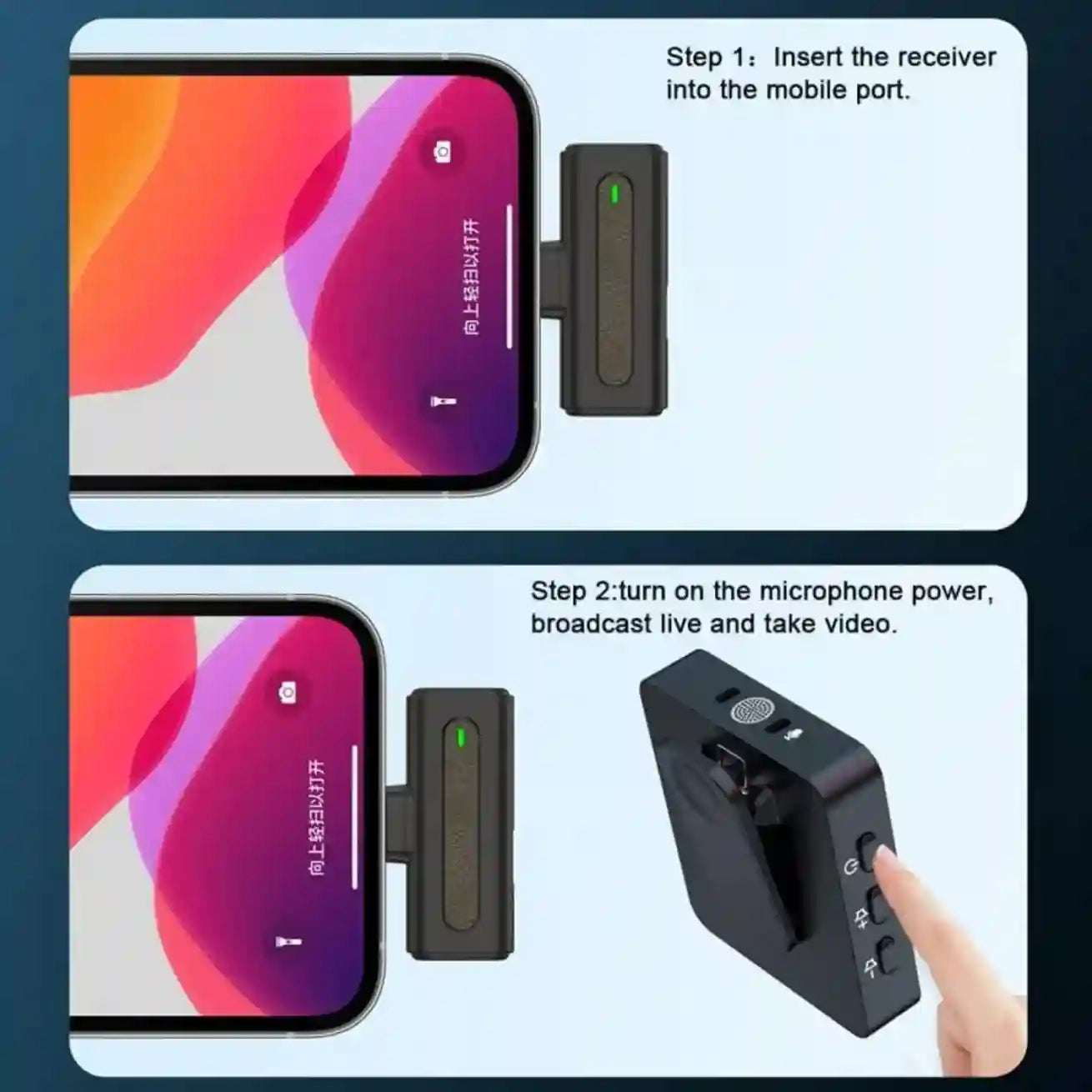 Instructions for using a device to insert into a mobile phone and turn on microphone power.