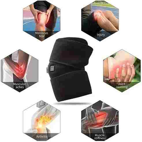 Black knee brace with hexagonal icons showing various joint issues it can help with.